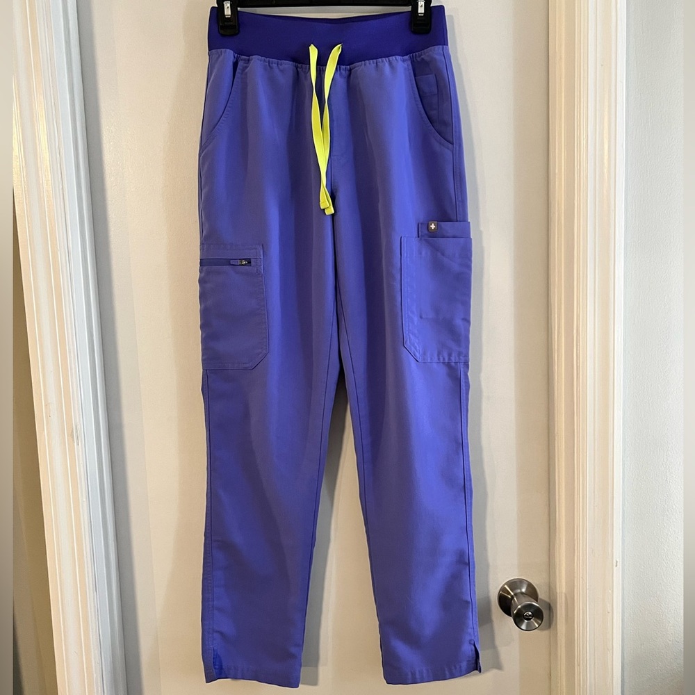 Figs Women's Scrub Pants in Violet with Neon Yellow Drawstring